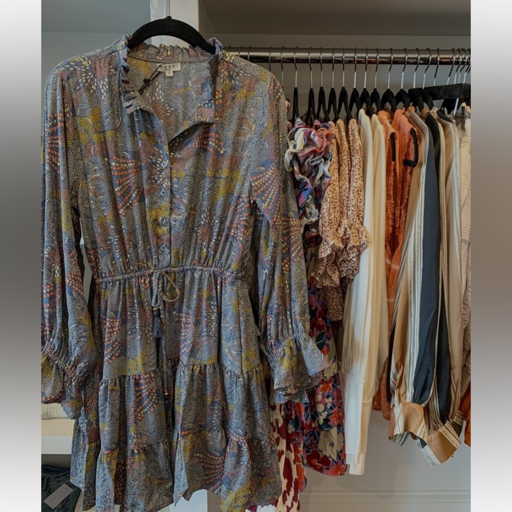 Paani dress size M. Cinched waist,above knee and long sleeve. Muted print teal.